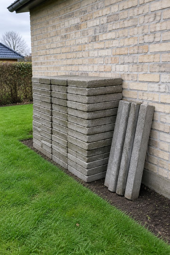 Stablede belægningssten og kantsten op ad en bleg murstensvæg i en dansk have